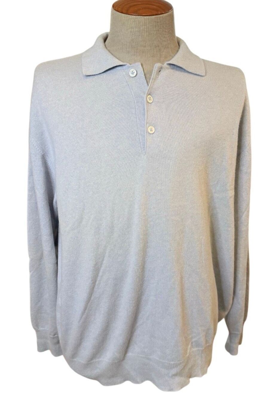 Giorgiolini Polo Sweater Men XL Light Blue 100% Cashmere LS Soft Italy